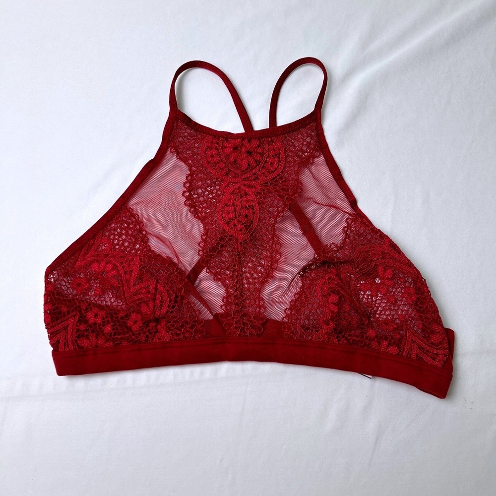 Victoria's Secret Womens Lace Mesh High Neck Racerback Bralette Size S Burgundy